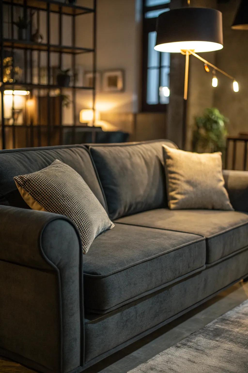 Soft lighting enhances the ambiance around the dark grey couch.