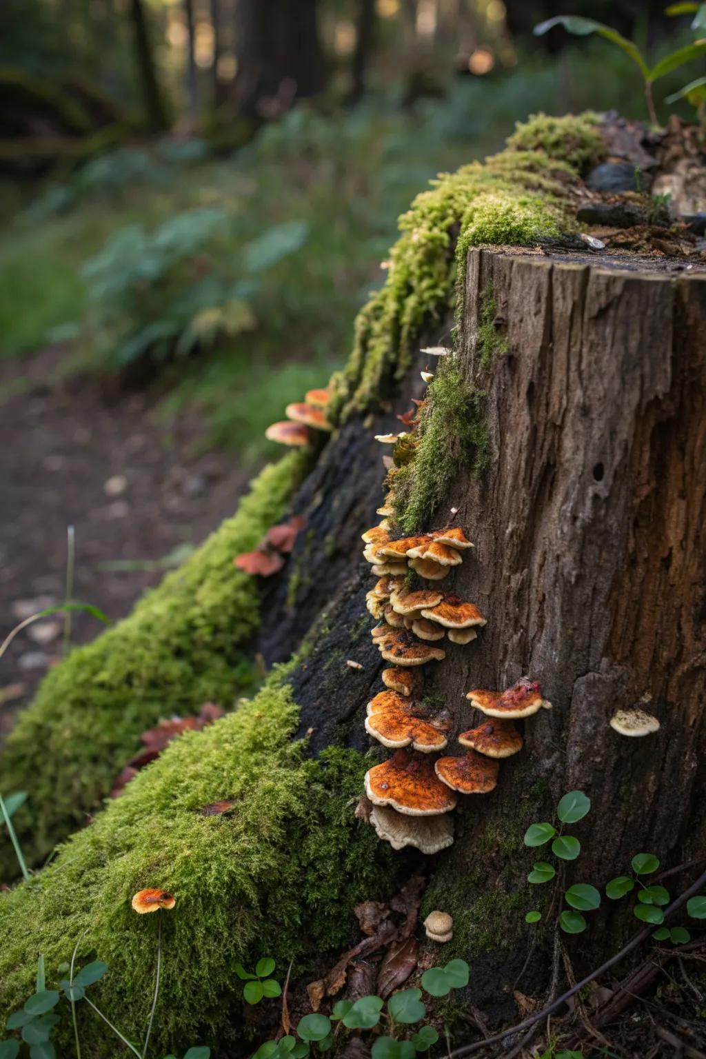 Nature's Artistry: Embrace the enchanting allure of fungi and moss on a fallen tree.