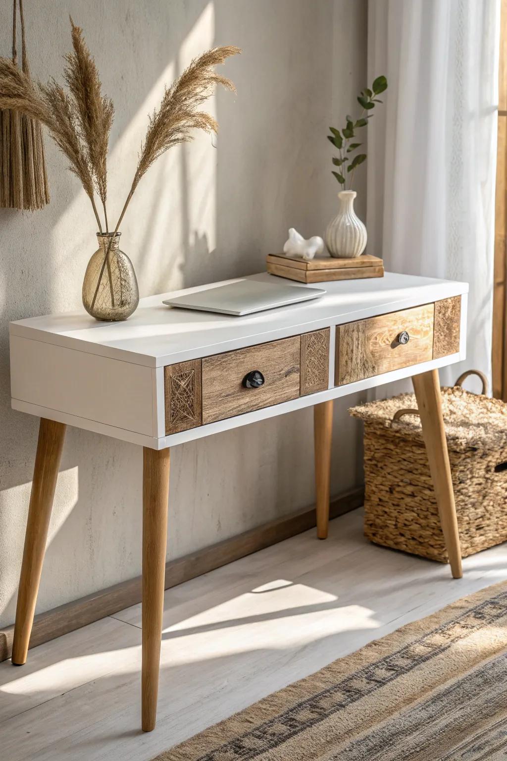 Blend of Modern and Rustic: Elevate your workspace with this Scandinavian-Boho desk makeover.