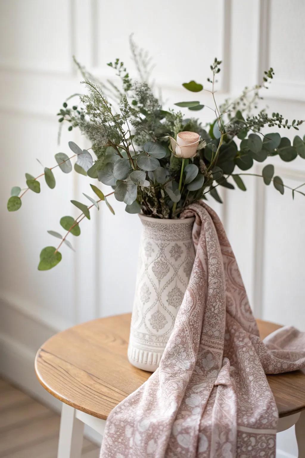 Transform your table with a touch of elegance: Fabric-wrapped vases for a sophisticated 60th birthday celebration.