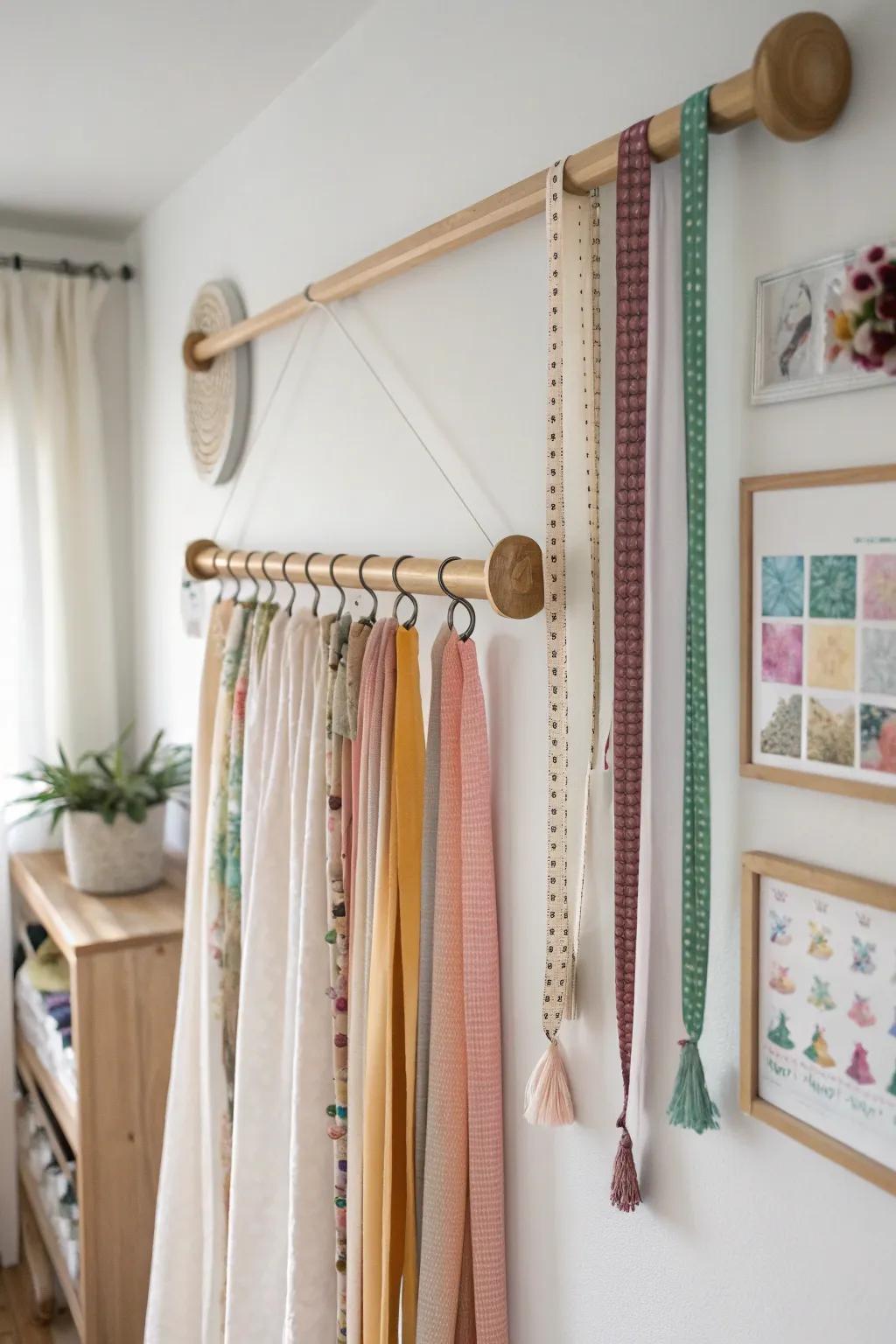 Transform your art studio with a touch of Scandinavian simplicity and boho charm: organize colorful ribbons effortlessly with a stylish curtain rod.