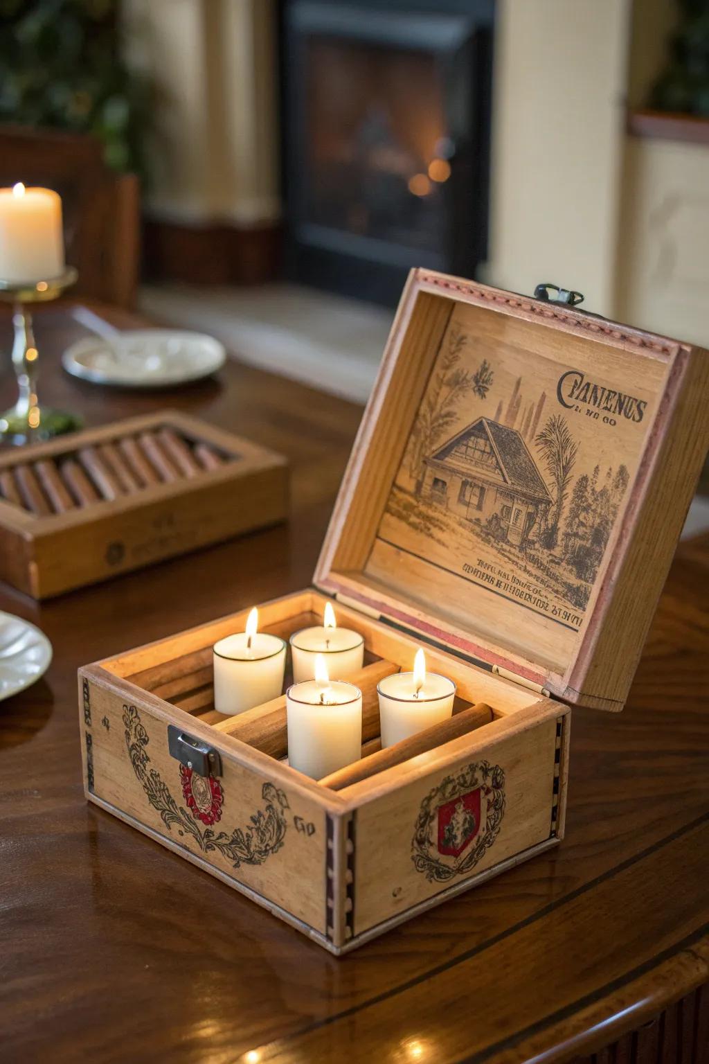 Elevate your space with this handcrafted cigar box candle holder, blending rustic charm with sophisticated craftsmanship.