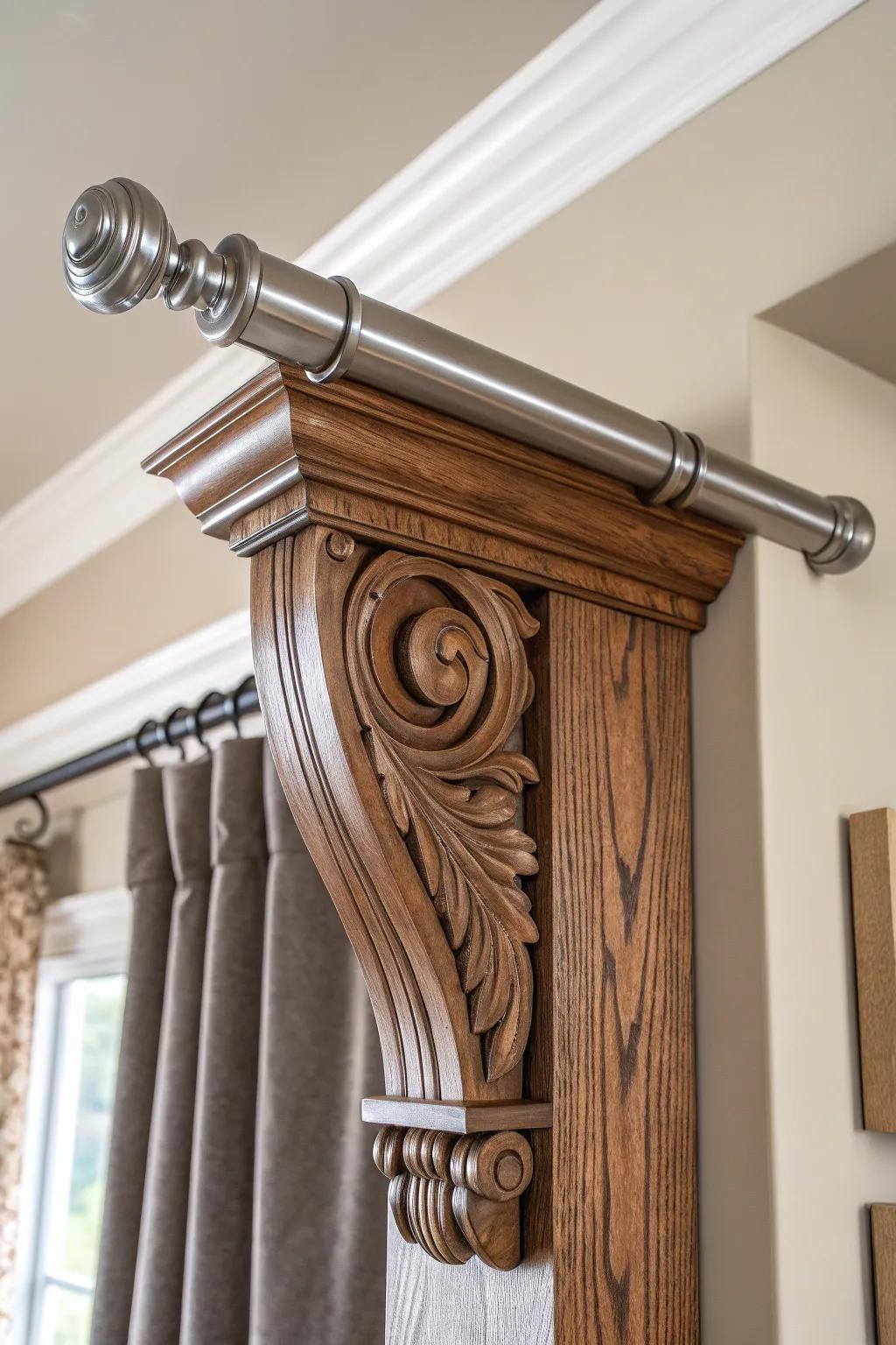 Elevate your space with handcrafted corbel curtain rod holders for a touch of architectural elegance.