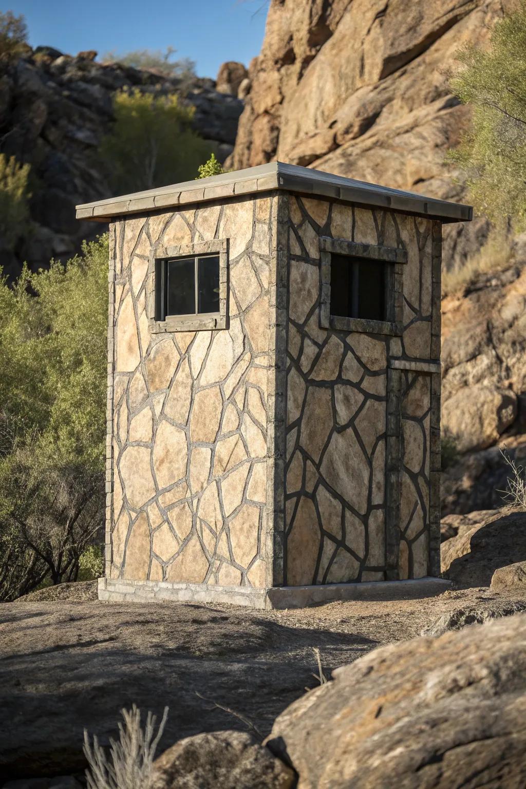 Master the art of disguise with this expertly crafted faux rock deer blind.