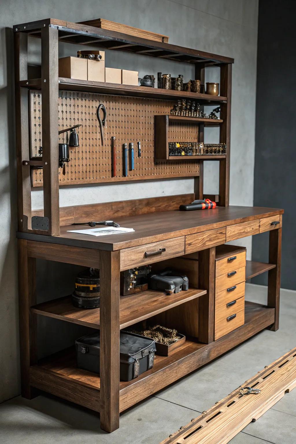 Transform your garage into a craftsman's paradise with this seamless workbench and shelving setup.