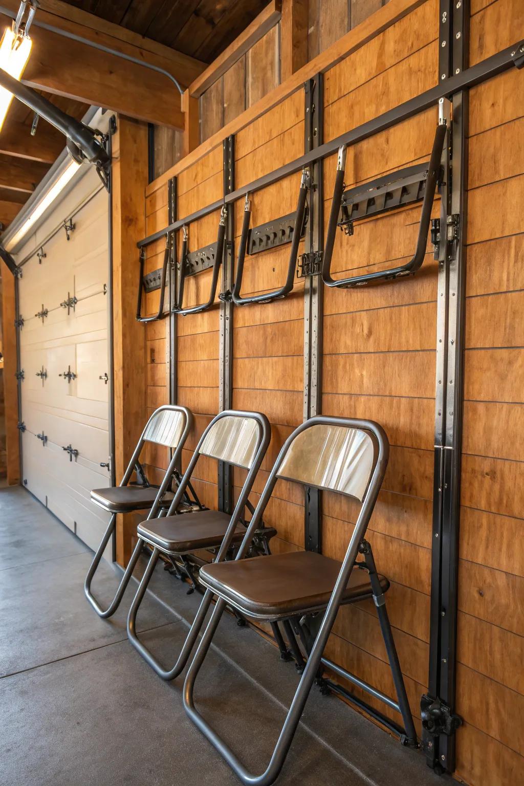 Transform your garage with stylish, space-saving solutions. Hang your folding chairs and enhance both functionality and design.