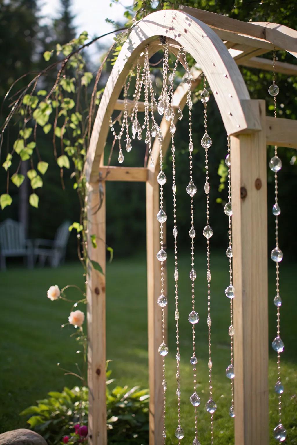 Transform your garden with a touch of magic: a twinkling beaded arch that sparkles under the sun.