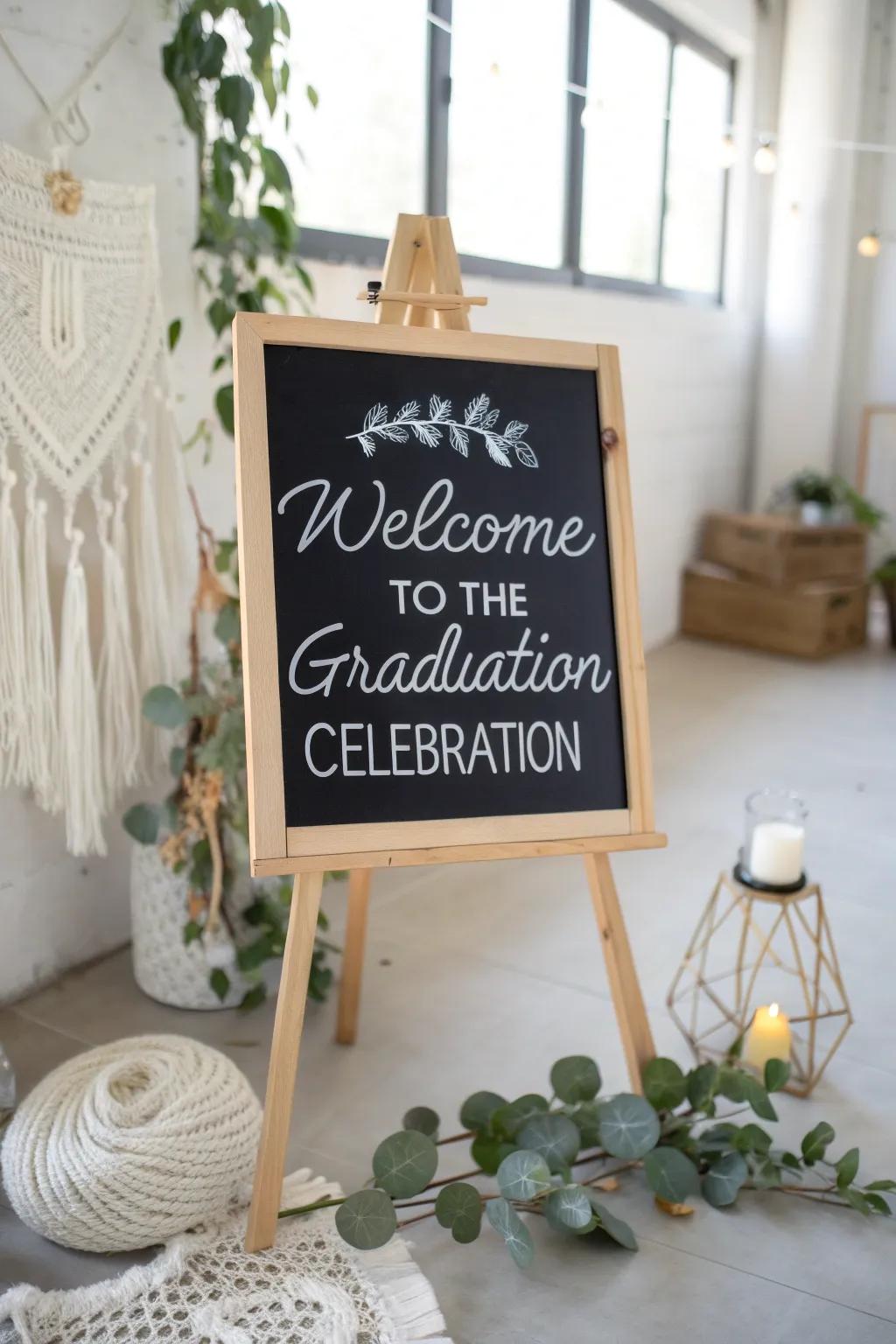 Craft your own enchanting chalkboard sign to guide guests with style and simplicity at your graduation celebration.