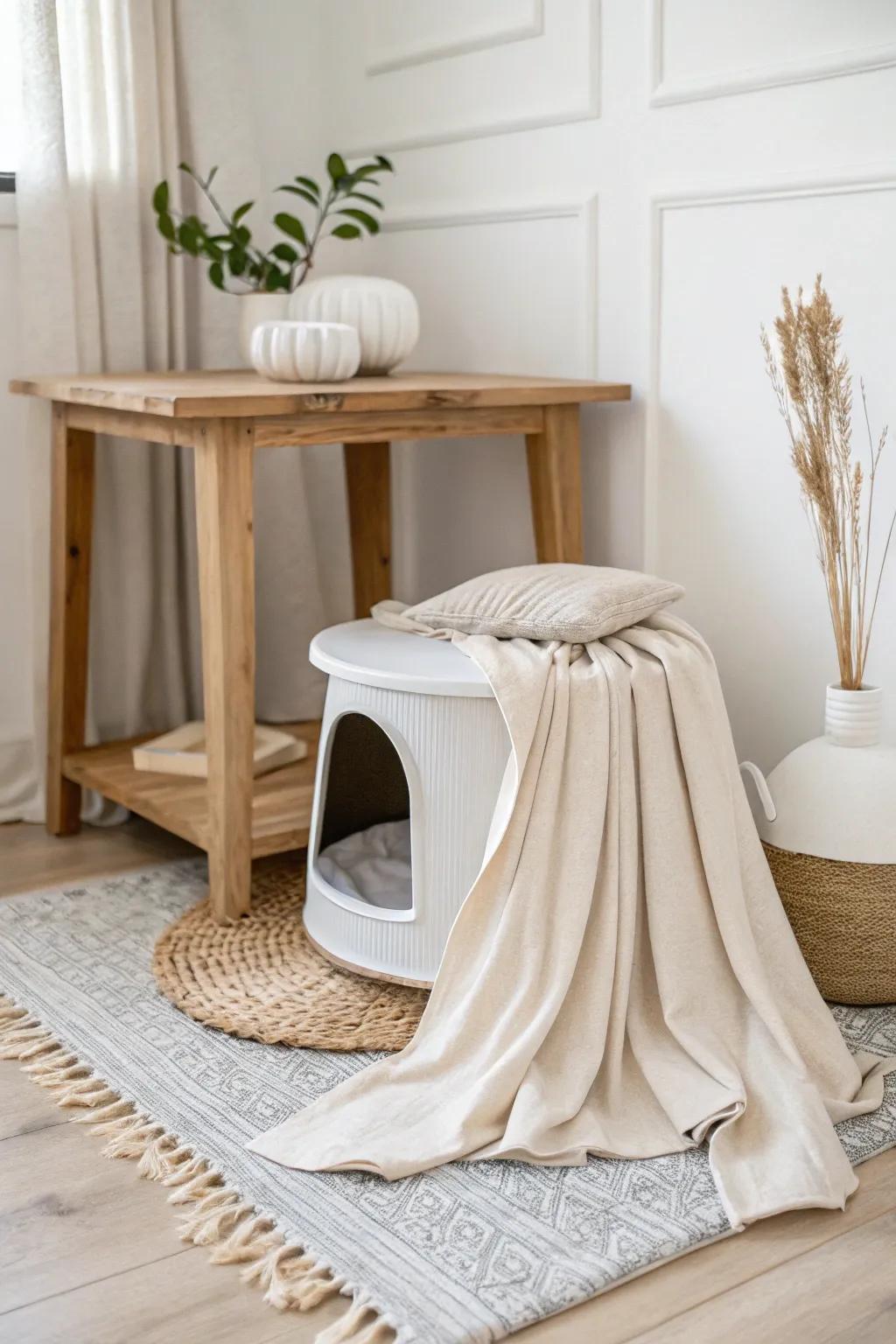 Transform your space with a chic and discreet fabric-draped end table, blending minimalist elegance with practical design.