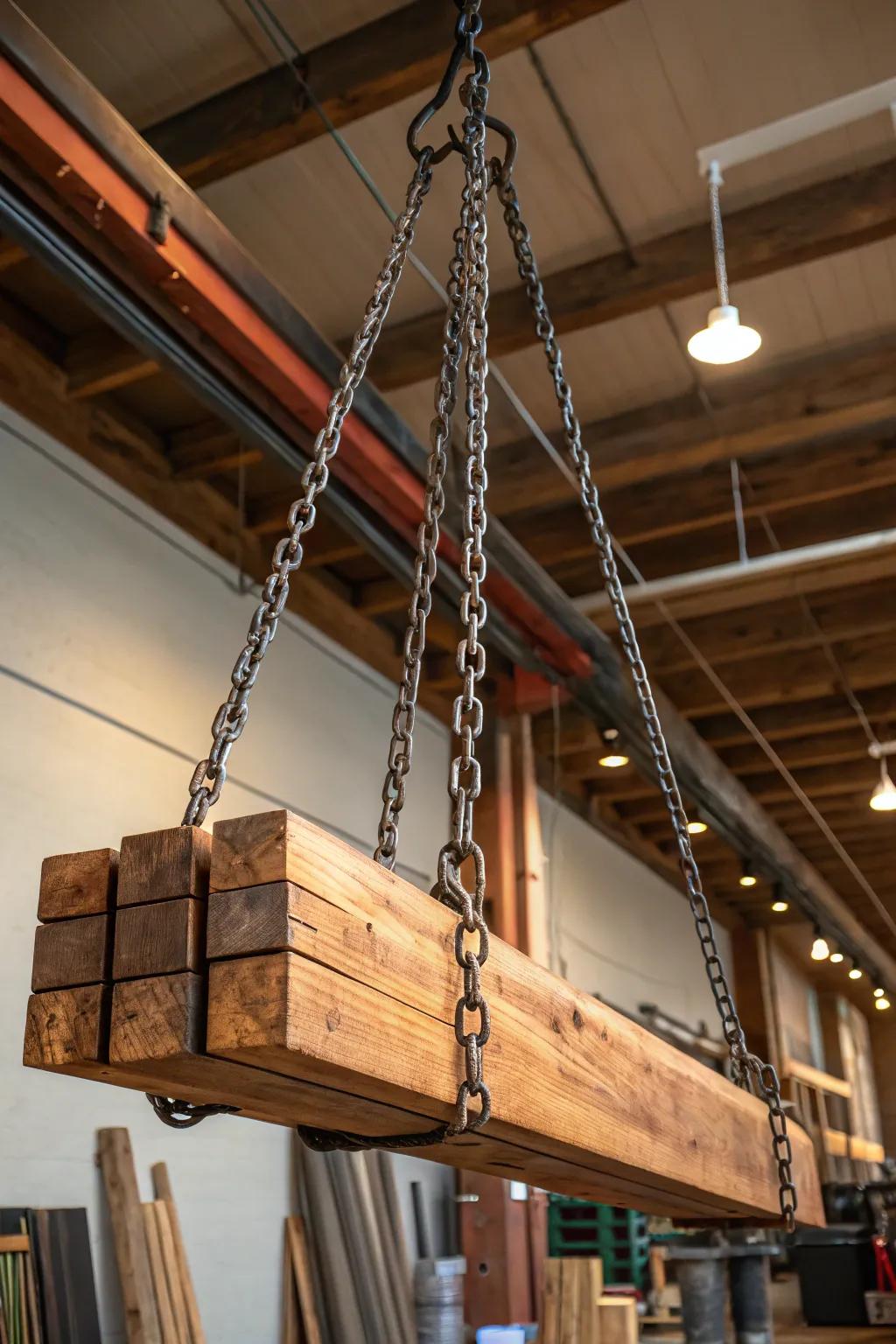 Elevate your workshop's style with a chain-suspended lumber rack—where craftsmanship meets functionality.