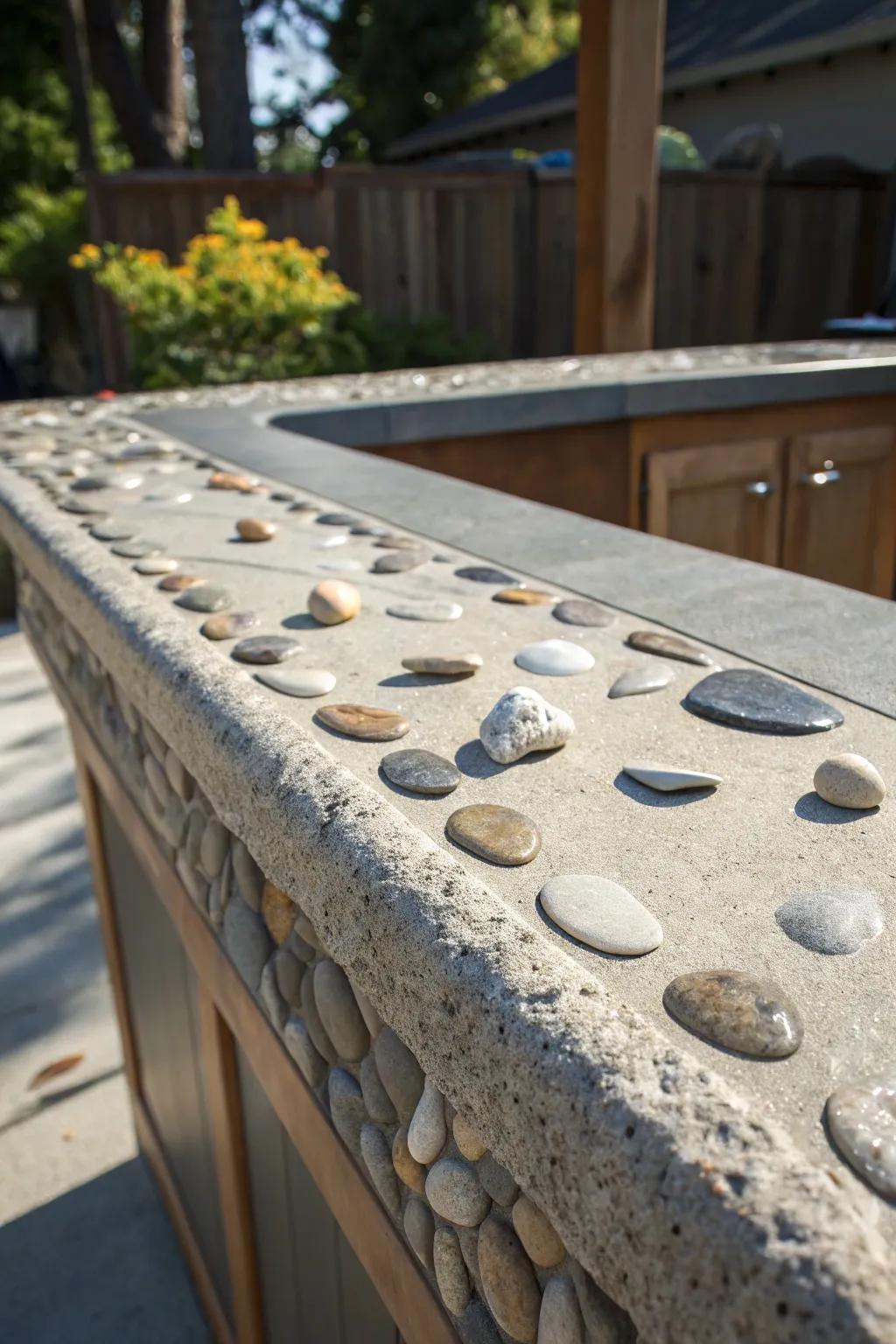 Elevate your outdoor space with a bespoke concrete countertop featuring unique stone and shell inlays.