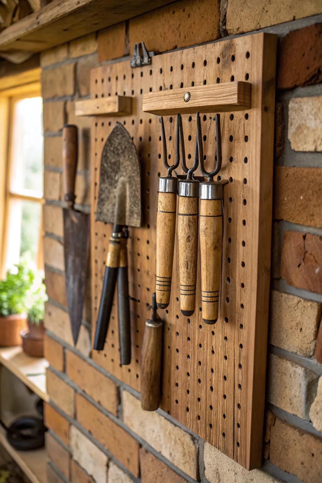 Elevate your garden's organization with a handcrafted pegboard solution.