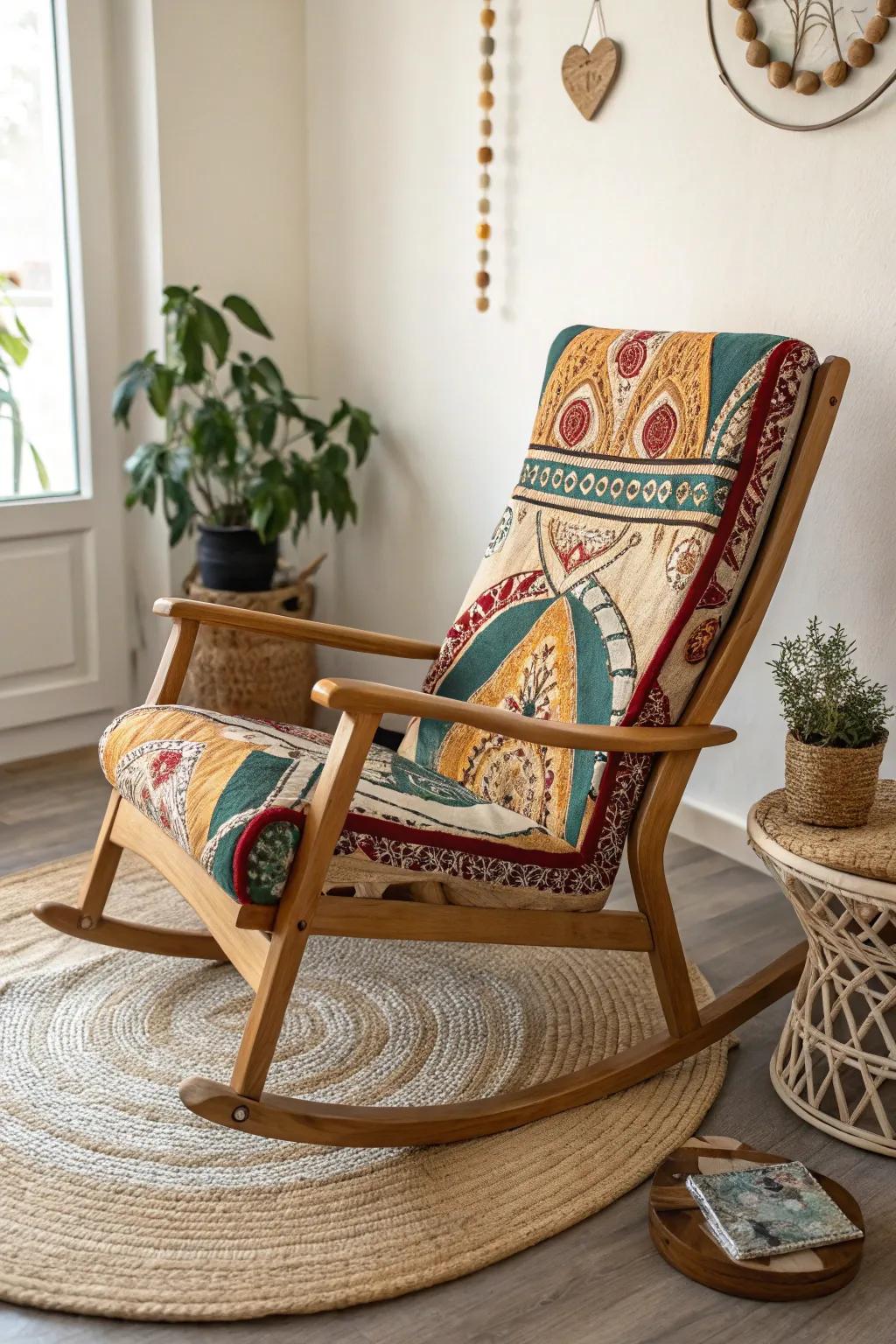 Unleash your bohemian spirit with this stunning DIY painted rocking chair, where vibrant patterns meet minimalist elegance.
