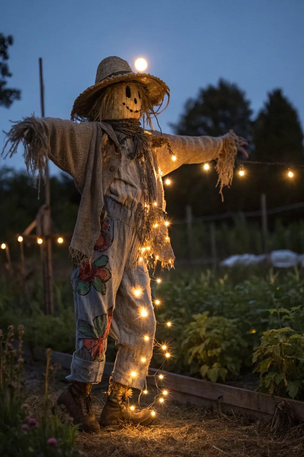 Illuminate your garden with a handcrafted scarecrow that shines at night.
