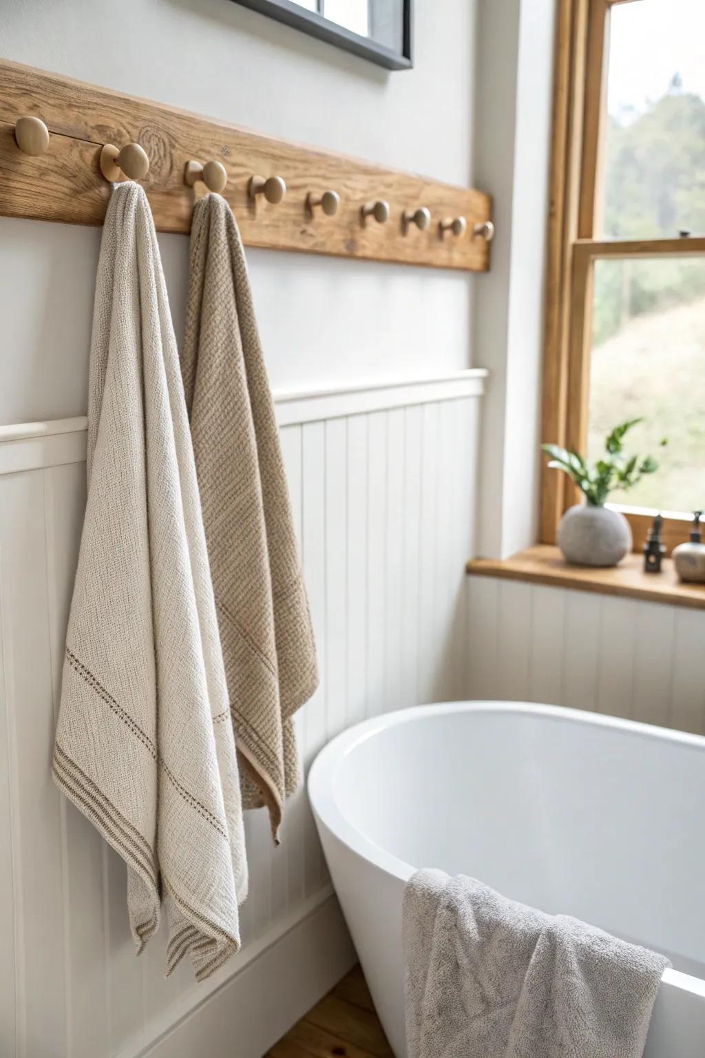 Elevate your tub surround with Shaker-style pegs for a touch of rustic elegance and functional beauty.