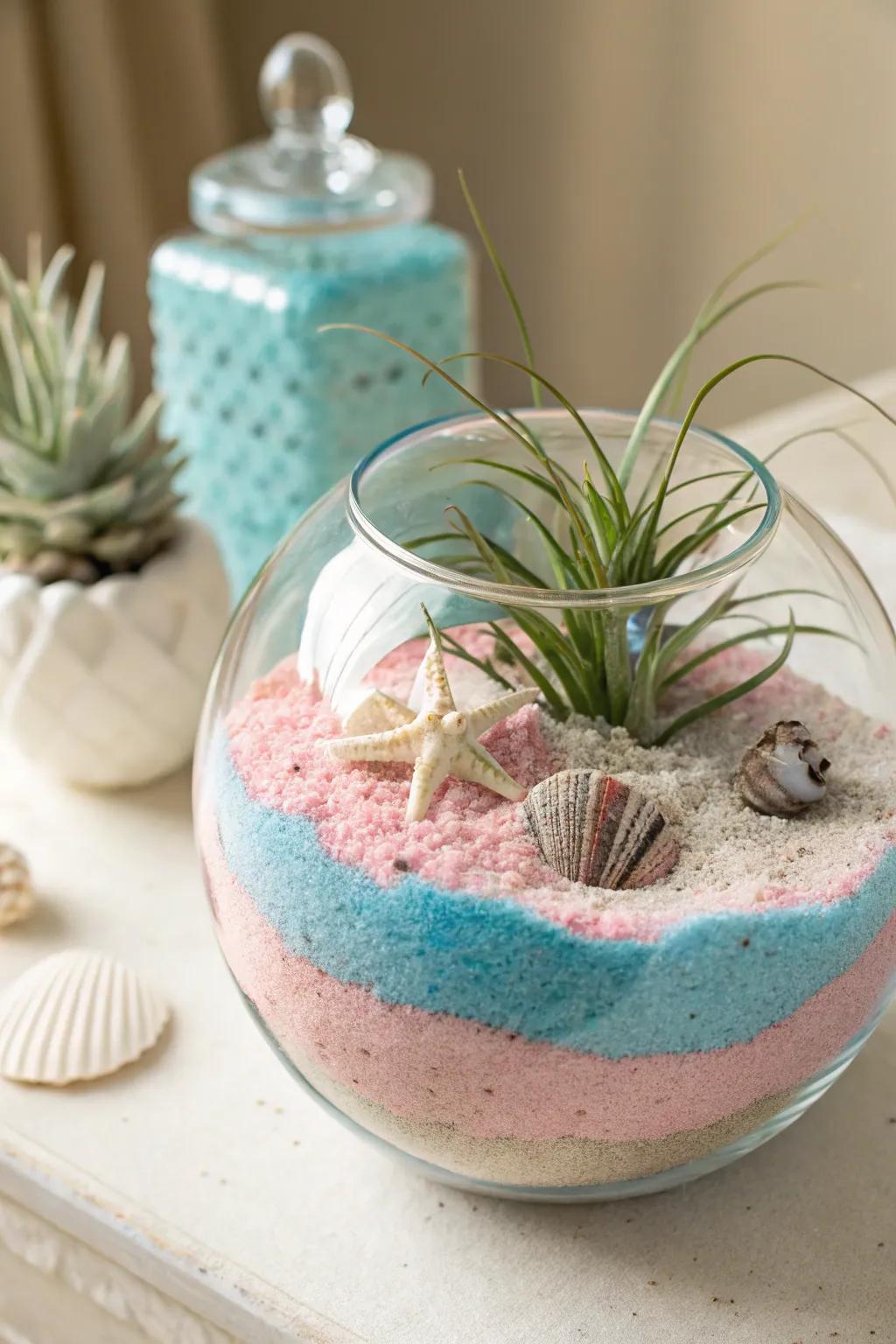 Bring the beach to your home with a touch of whimsy and elegance in this sand art terrarium.