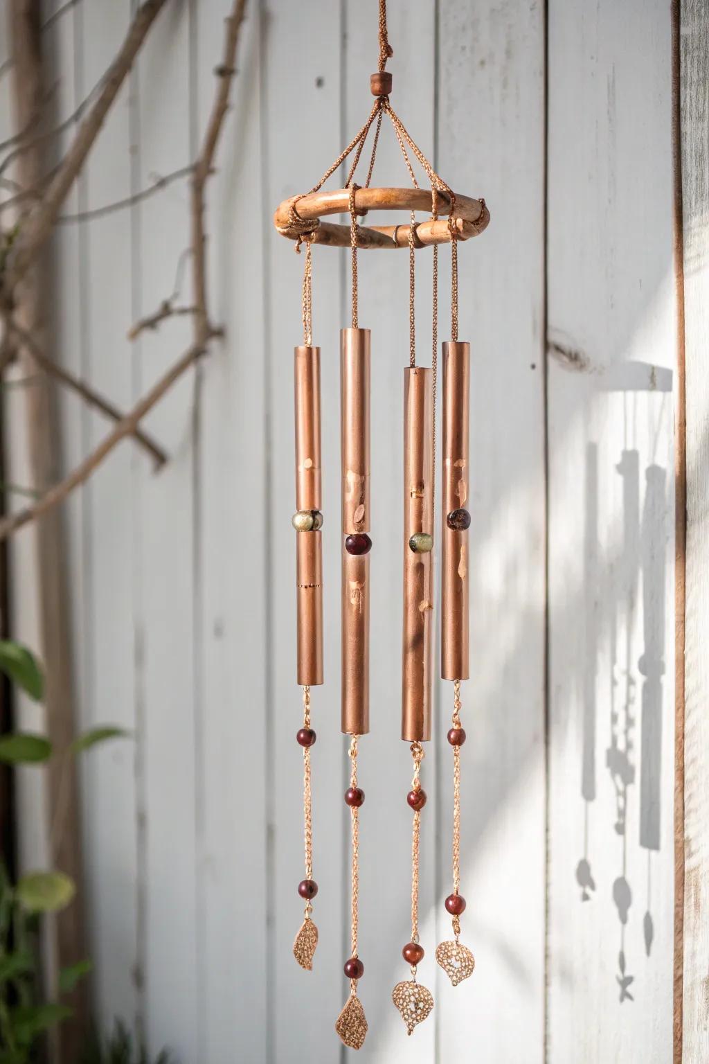 Embrace the gentle melody and timeless elegance of handcrafted copper wind chimes, where simplicity meets natural beauty.