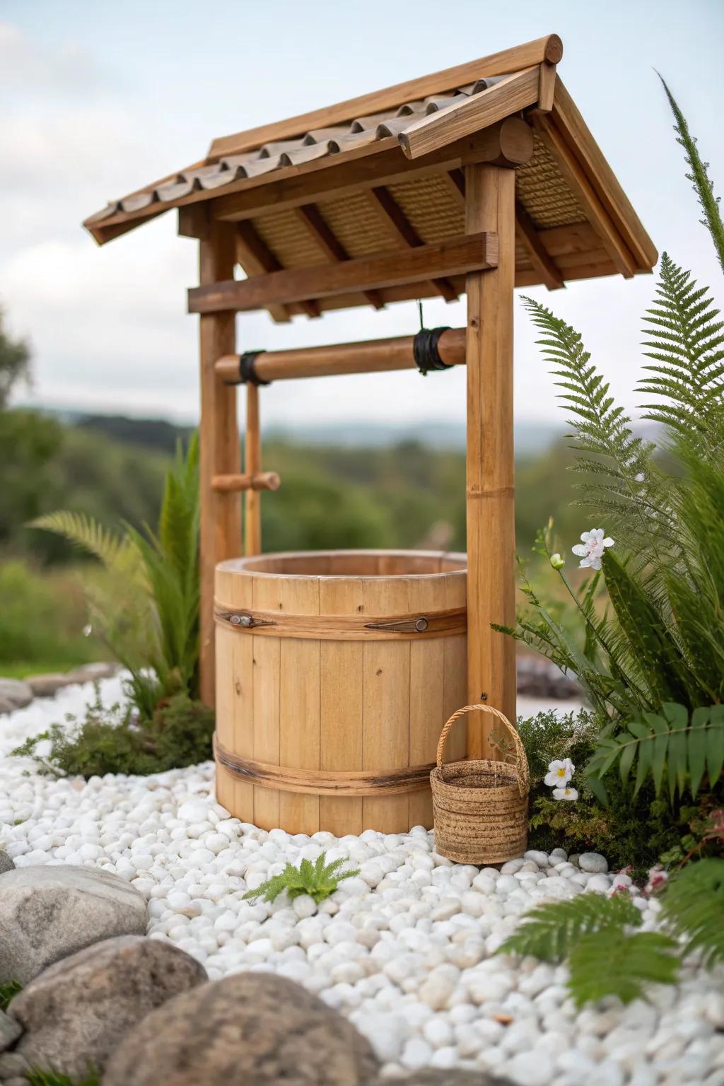 Embrace the natural beauty of an eco-friendly bamboo wishing well, perfect for a serene garden escape.