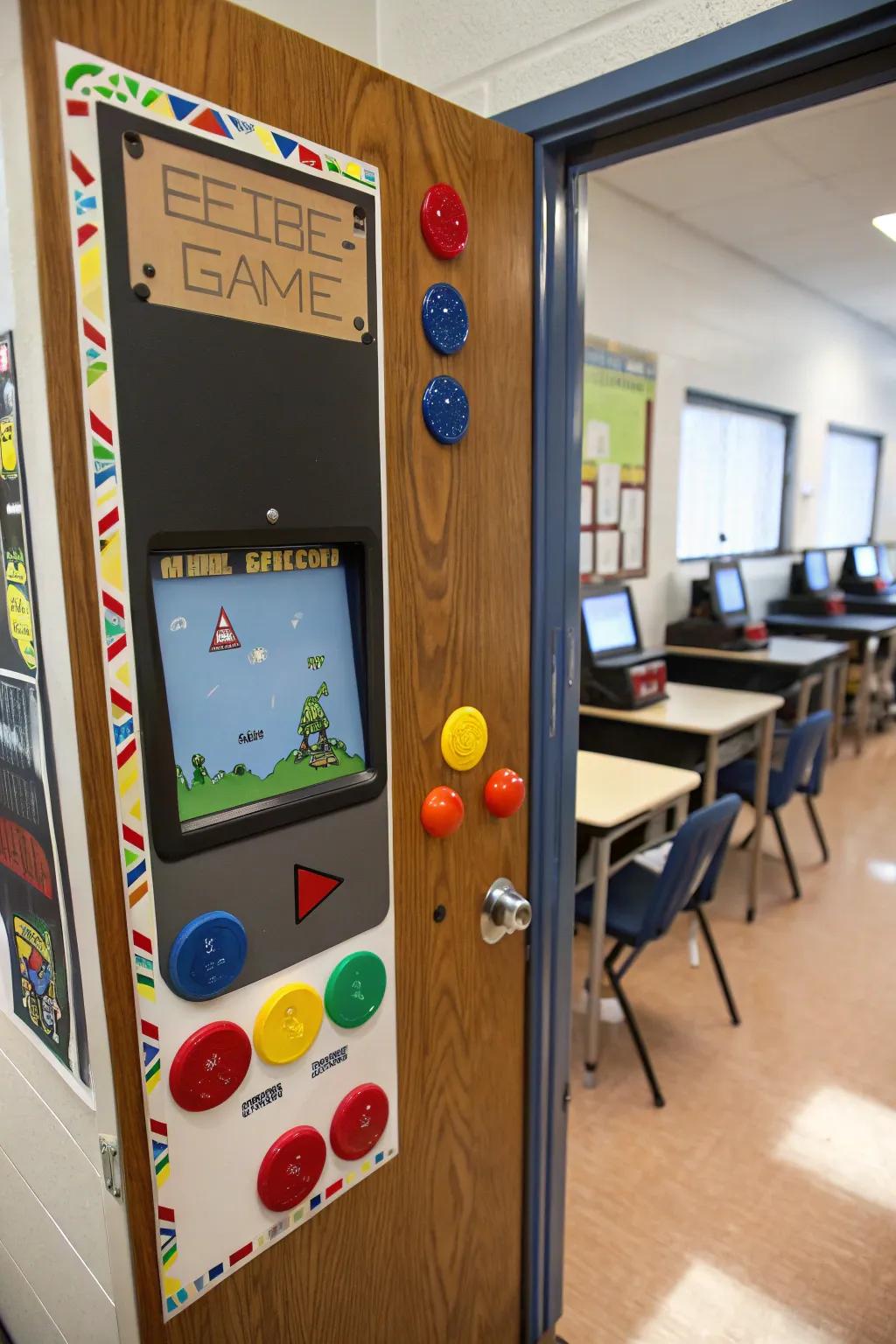 A retro game-themed classroom door, combining fun and nostalgia in one design.