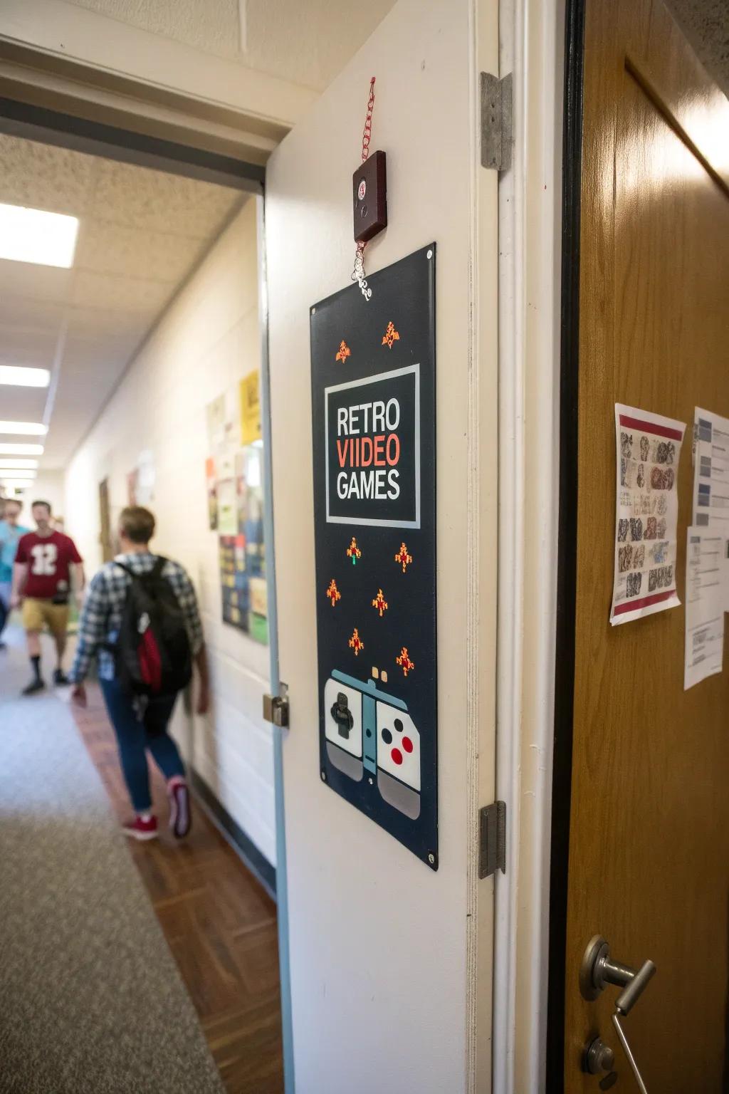 Retro game-themed name tags bring nostalgia and fun to dorm decor.