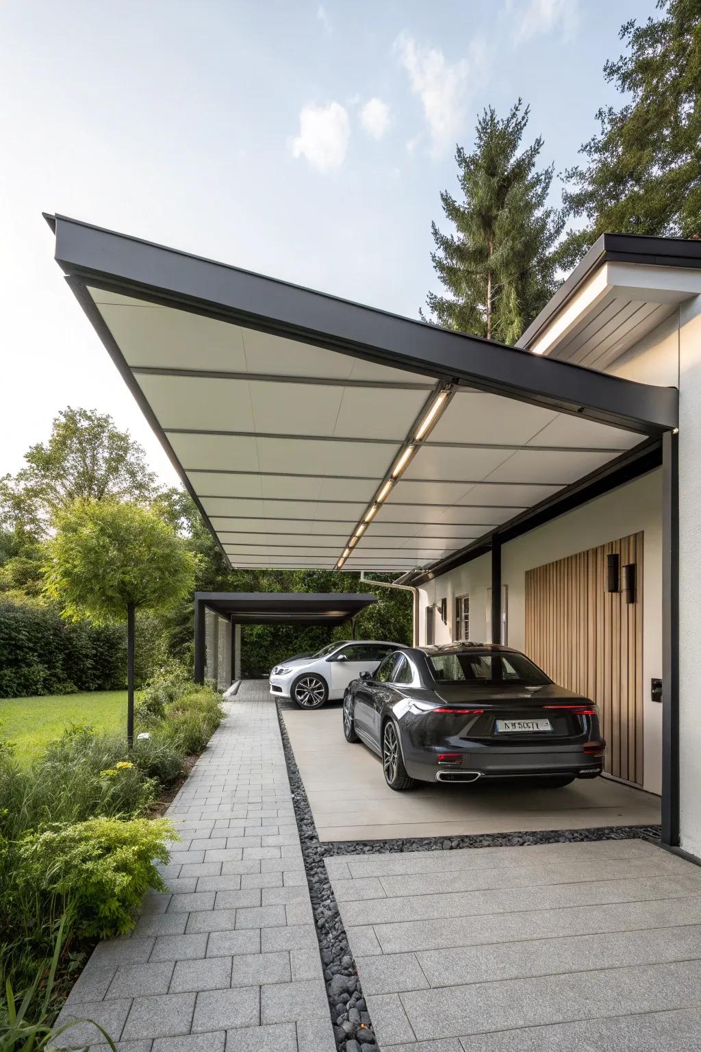 A carport that captivates with its unique butterfly roof structure.