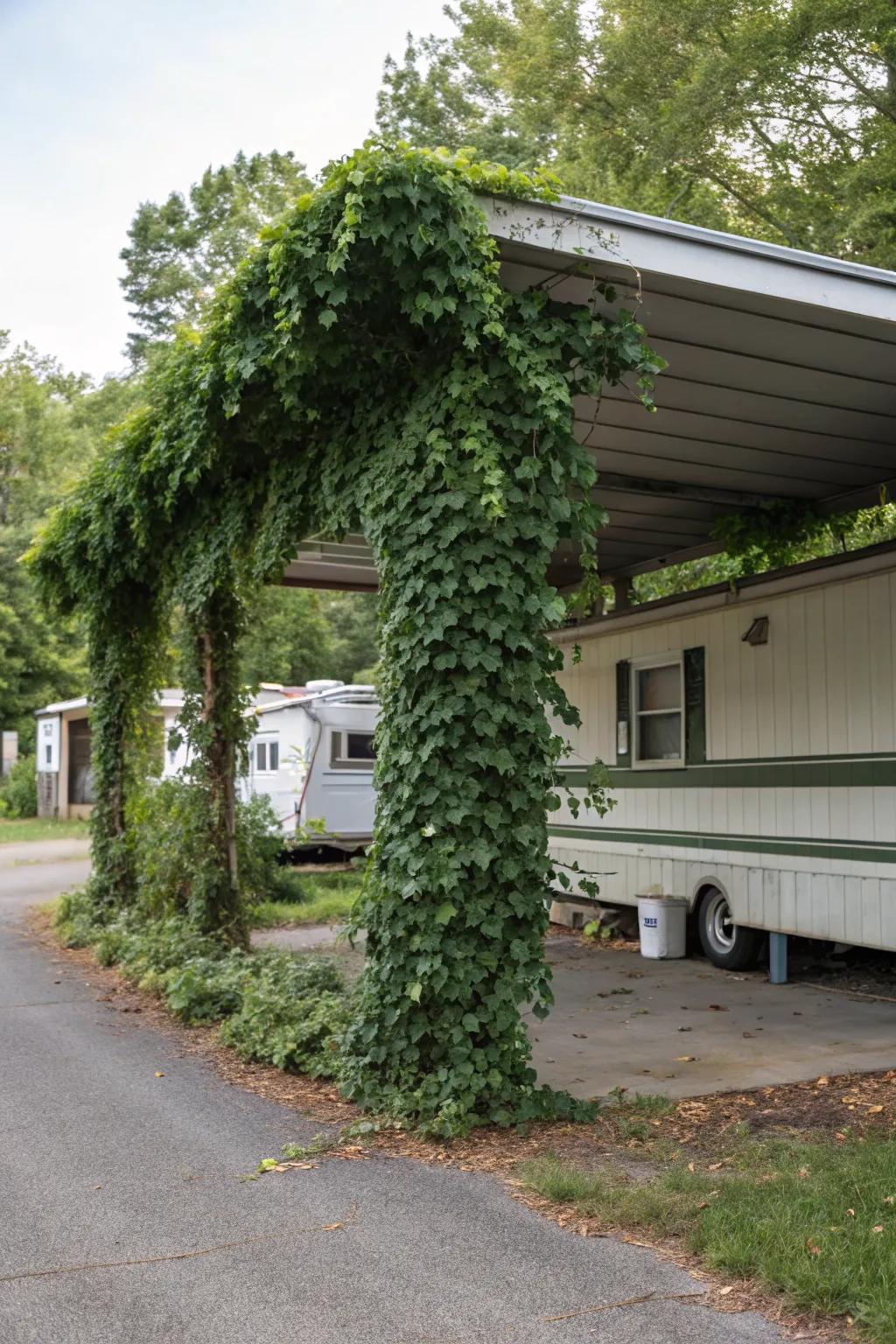 A carport with ivy, offering a vintage charm that blends with nature.