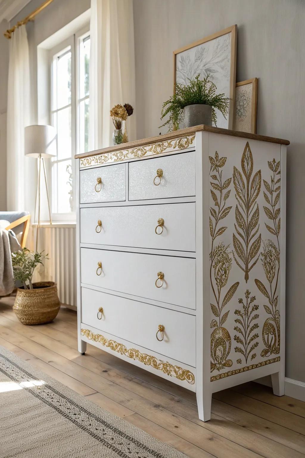 Transform your space with glamorous gold accents: a minimalist dresser fit for royalty.