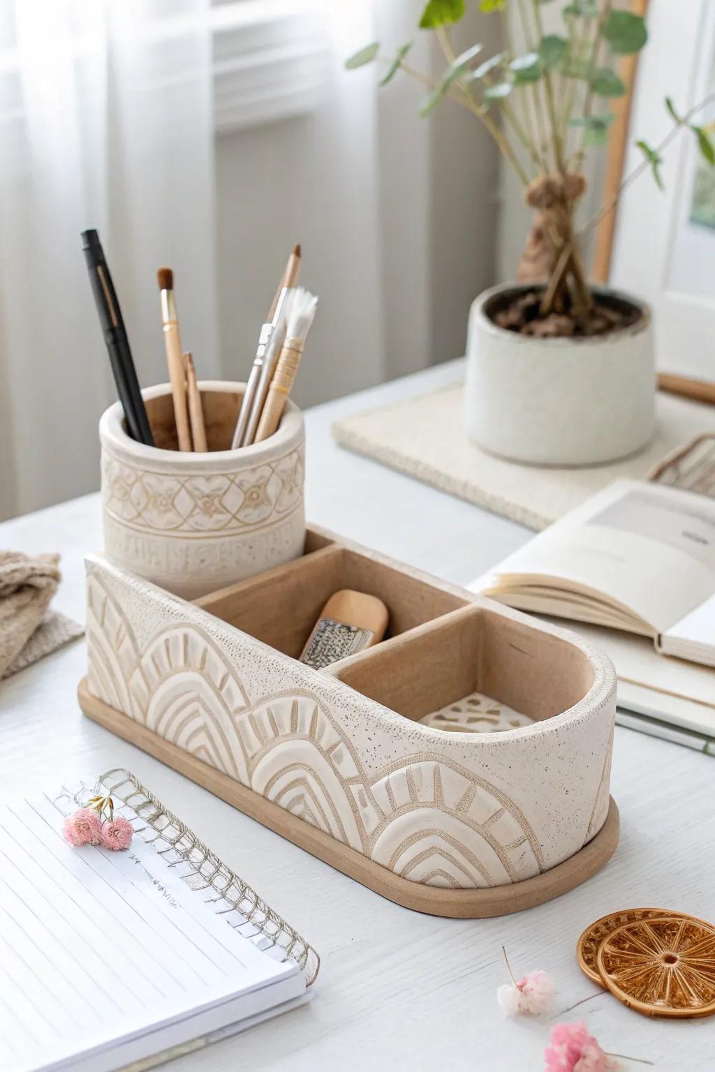 Elevate your workspace with this charming clay desk organizer, where simplicity meets natural beauty.