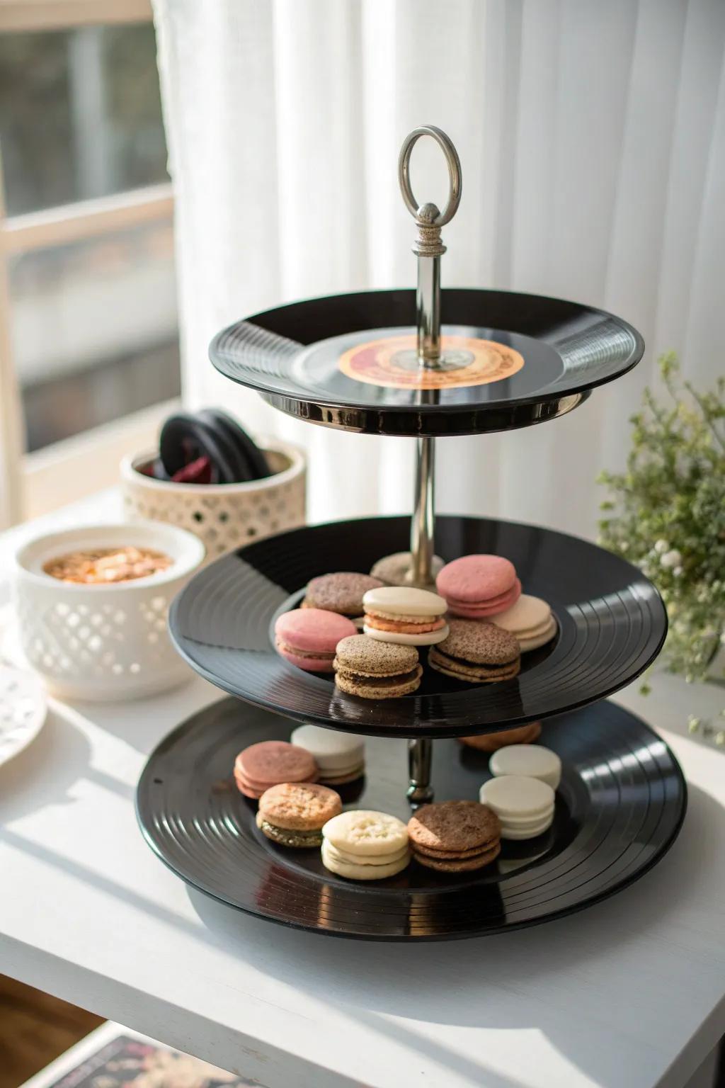 Elevate your party snacks with a retro twist—this DIY vinyl record tiered tray is a perfect blend of vintage charm and minimalist elegance.