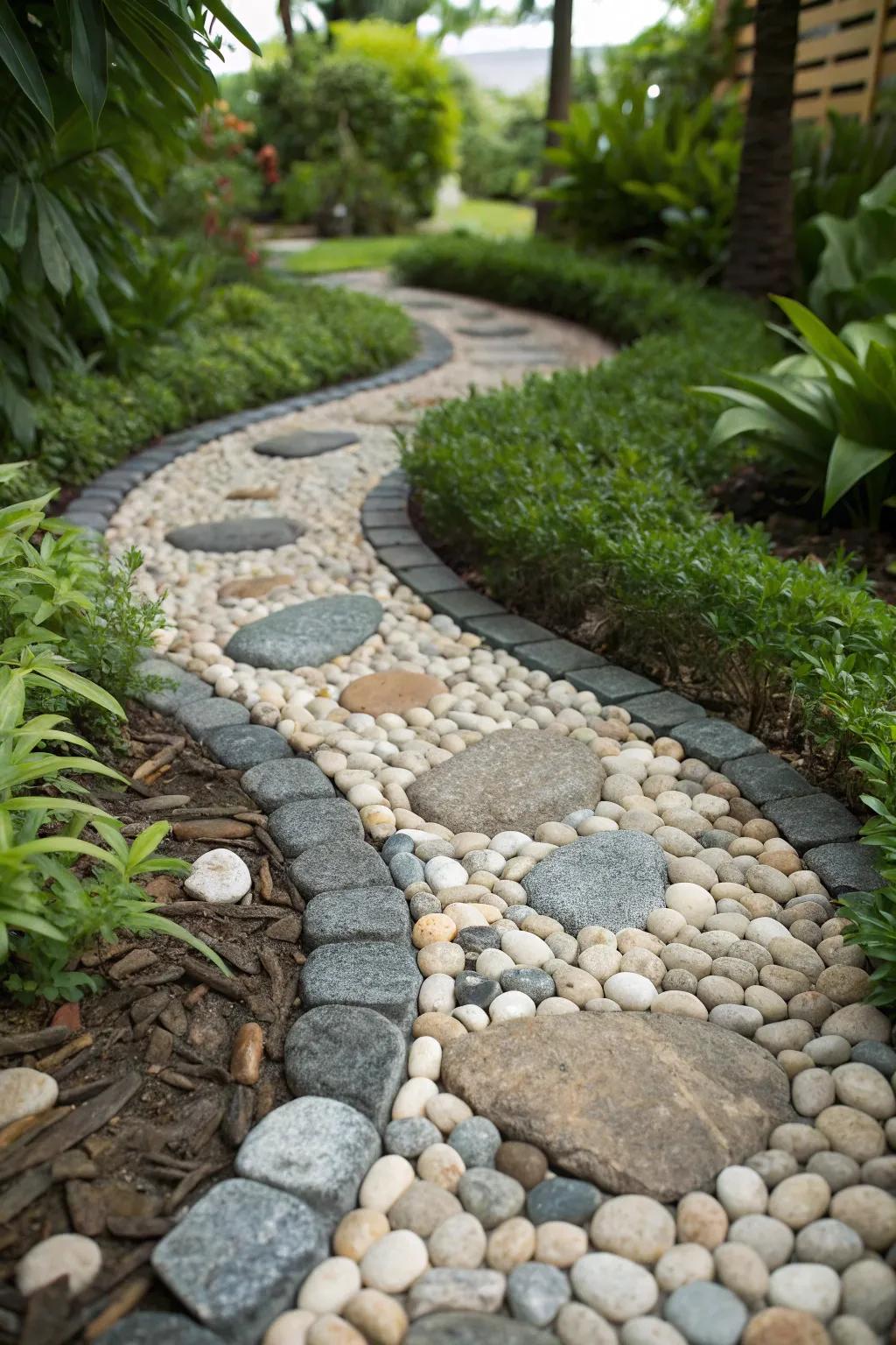 Discover the art of connecting garden spaces with a stunning pebble pathway.