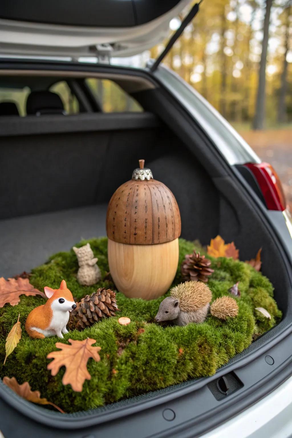 Transform your trunk into a cozy woodland retreat with natural elements and charming critters.
