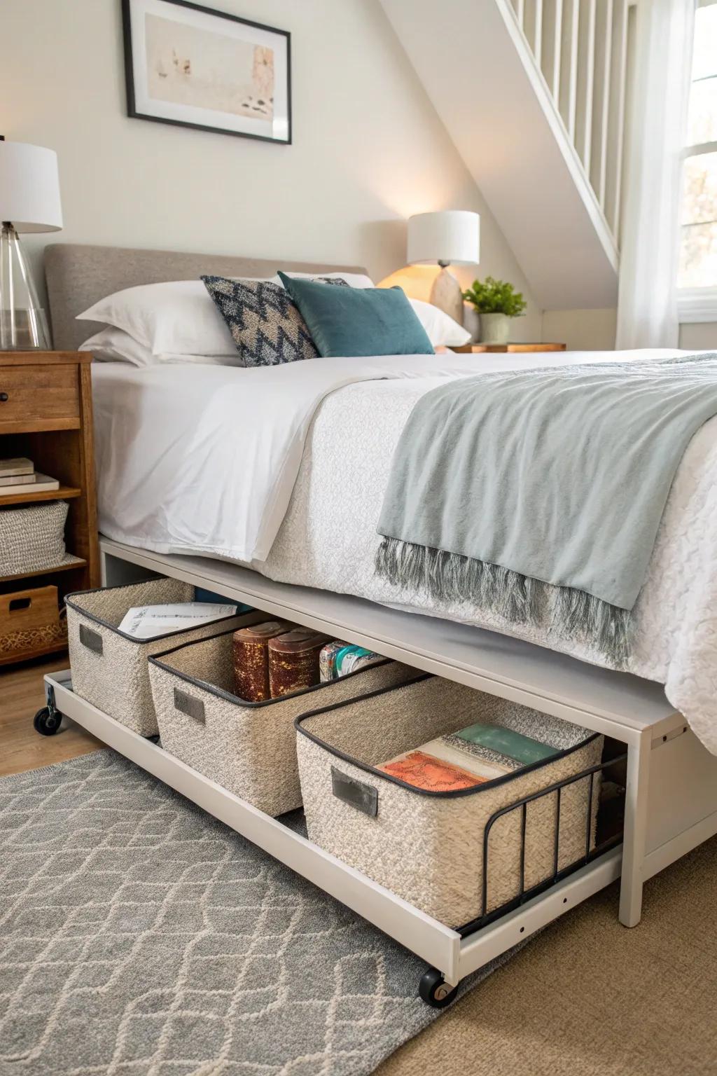 Under-bed trolleys optimize bedroom storage.