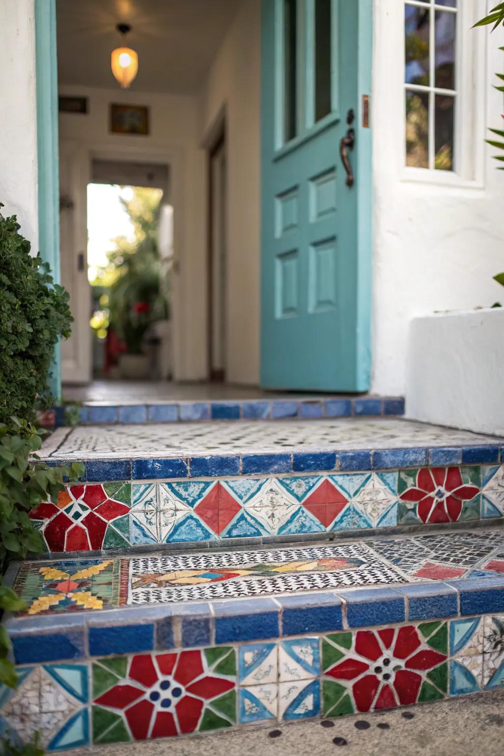 Artistic tiles add a vibrant touch to your entry.