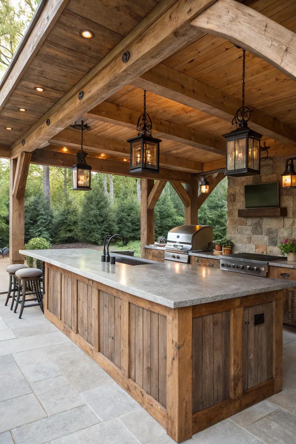 Elevate your outdoor gatherings with the timeless charm of faux beams.