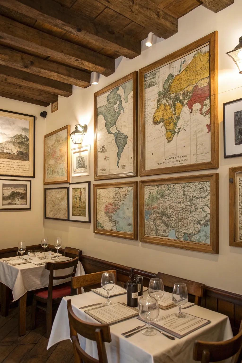 Vintage maps add historical intrigue to this farmhouse dining room.