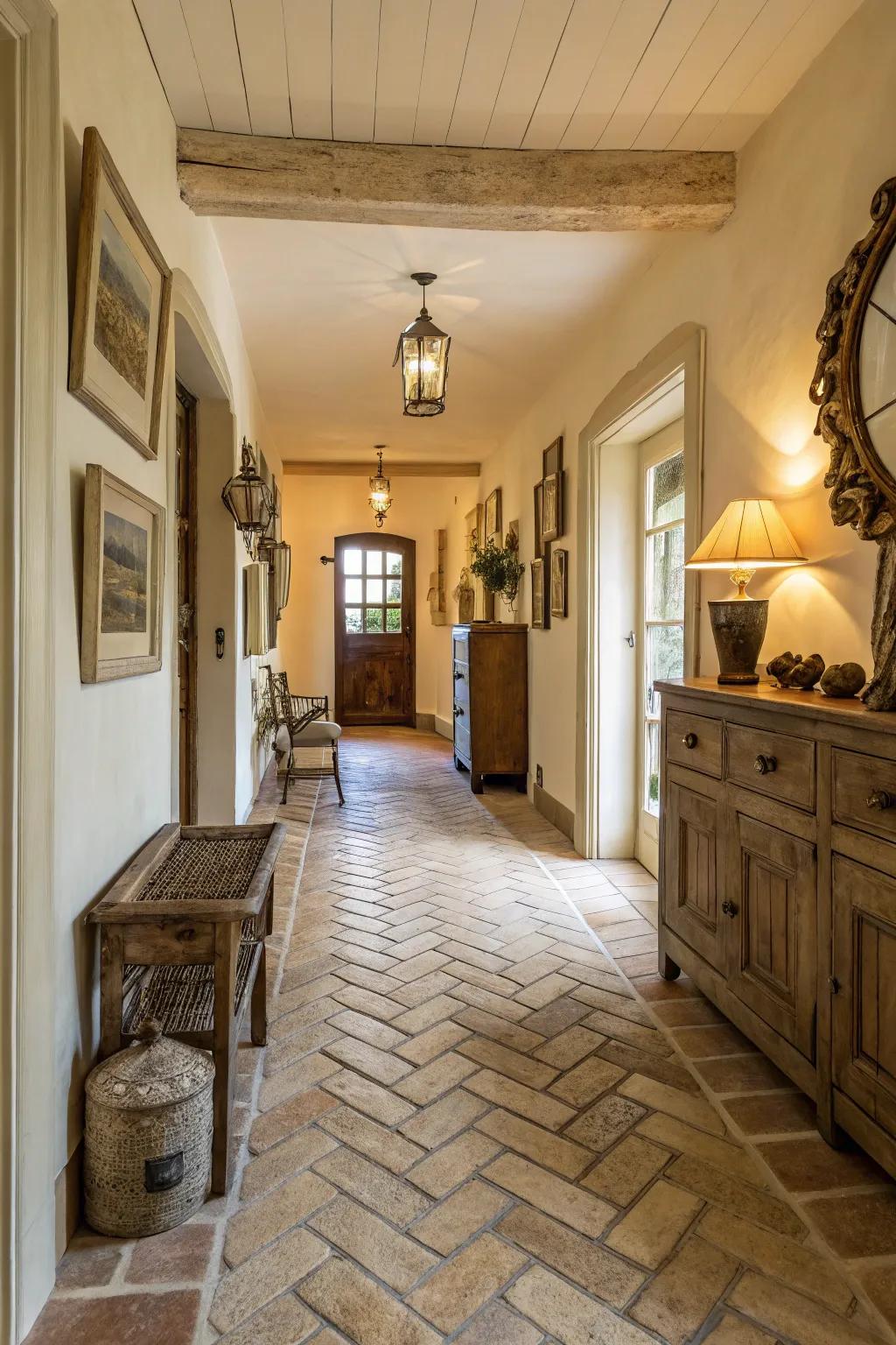 Herringbone tiles guide movement and add dynamic lines to this farmhouse hallway.