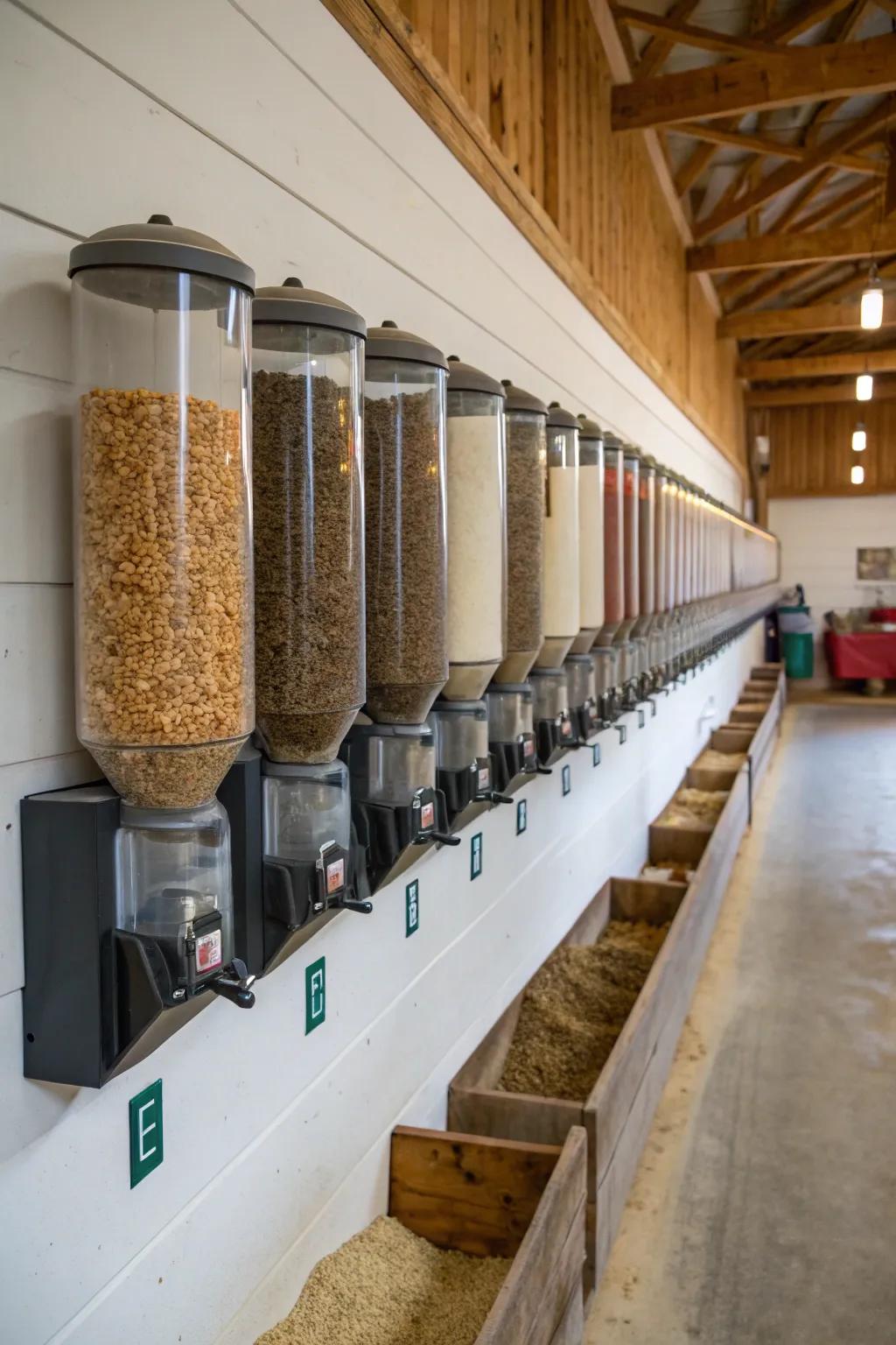 Wall-mounted dispensers for convenient feed access.