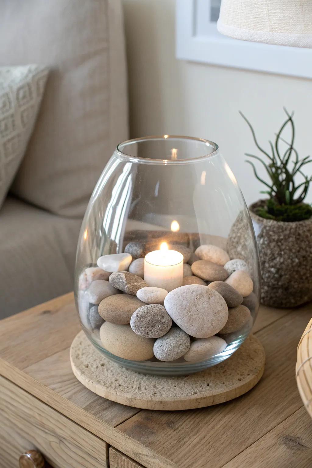 Illuminate your space with tranquility: a fillable lamp with a serene pebble arrangement.