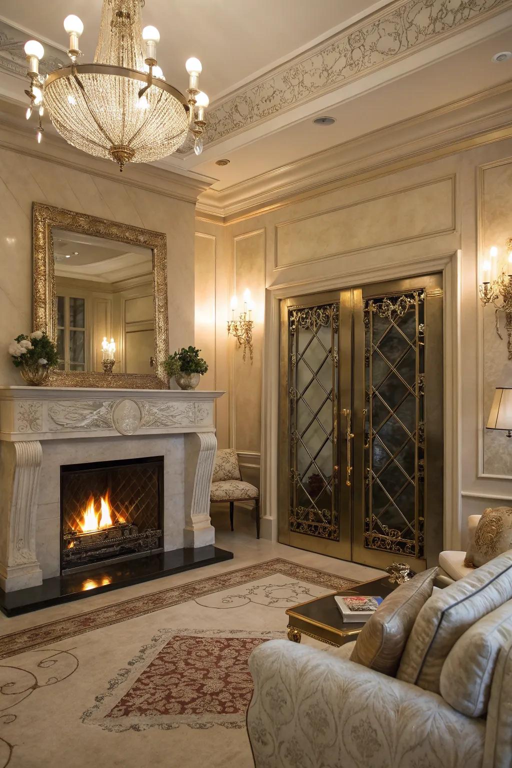 Sophisticated shine with chic metallic fireplace doors.