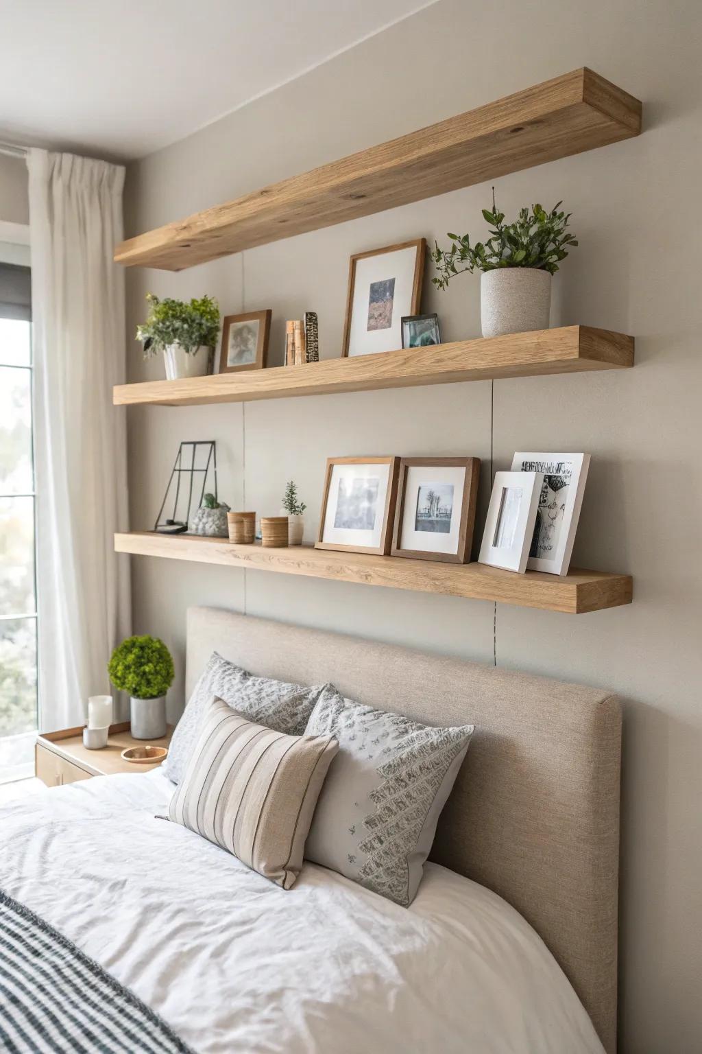 Transform your bedroom into a personal sanctuary with a beautifully curated floating bookshelf above the bed.