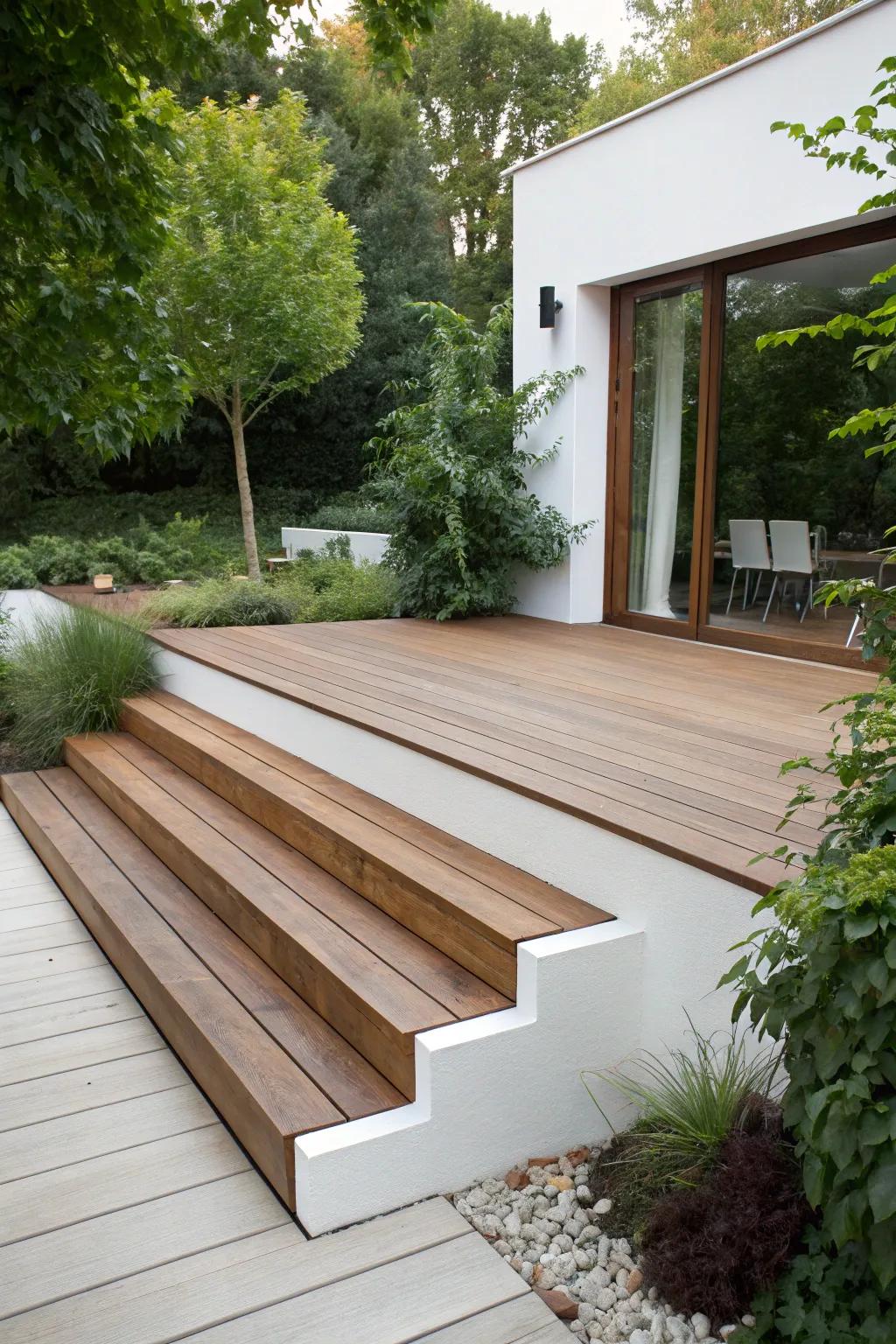 Elevate your outdoor space with minimalist floating deck steps that embody modern elegance and craftsmanship.