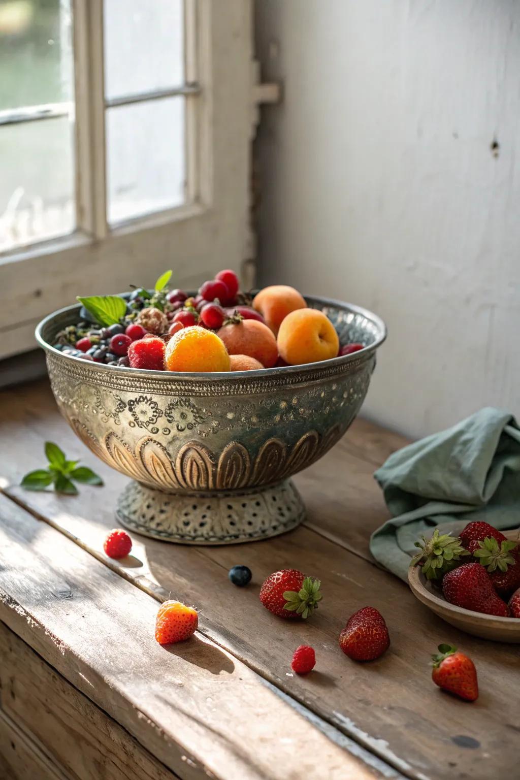 Embrace nostalgia with a vintage tin fruit basket that doubles as a charming keepsake.