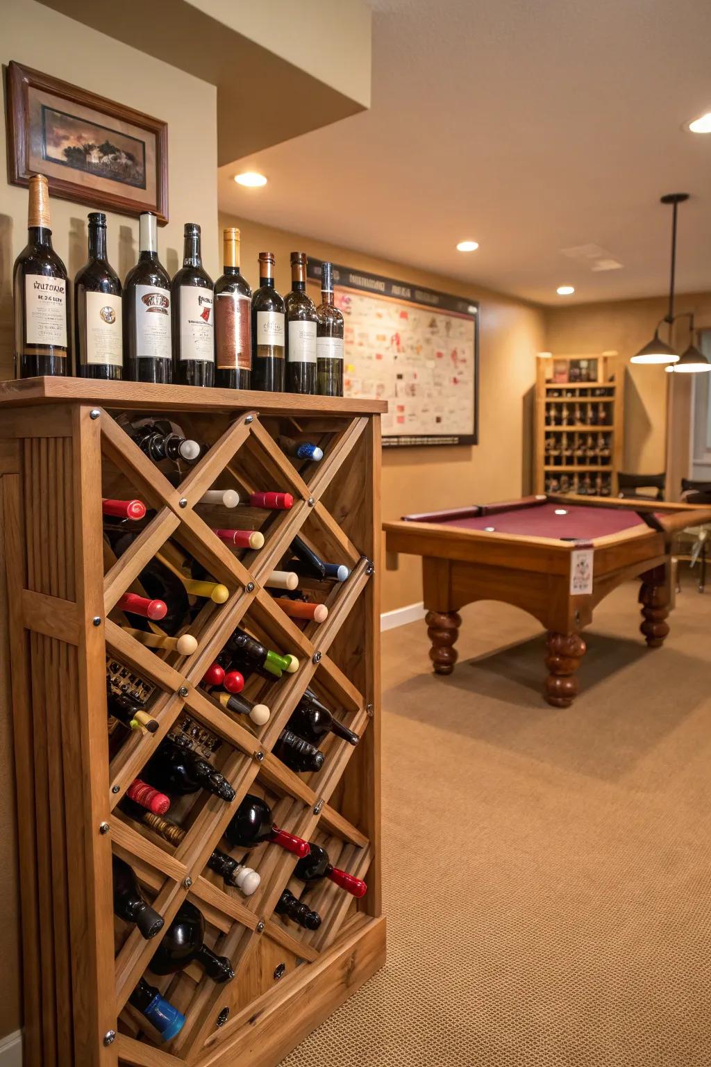 A DIY wine rack display adds elegance and personalization to your bar area.