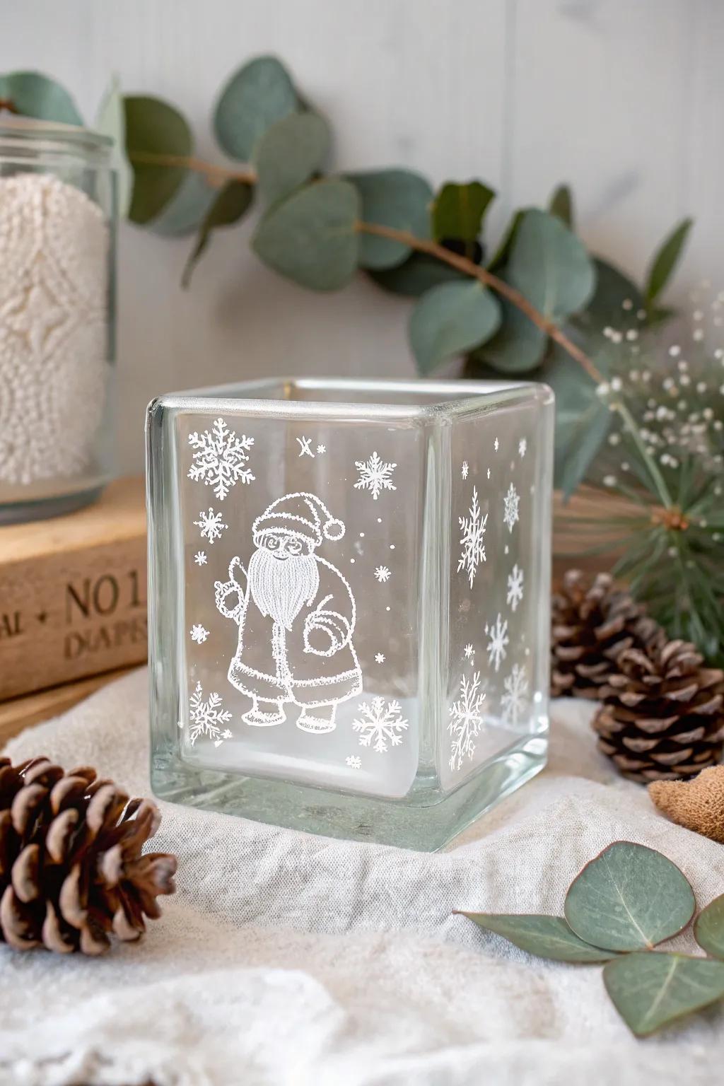 Add a touch of elegance to your holiday decor with a beautifully crafted glass block featuring Santa's silhouette.