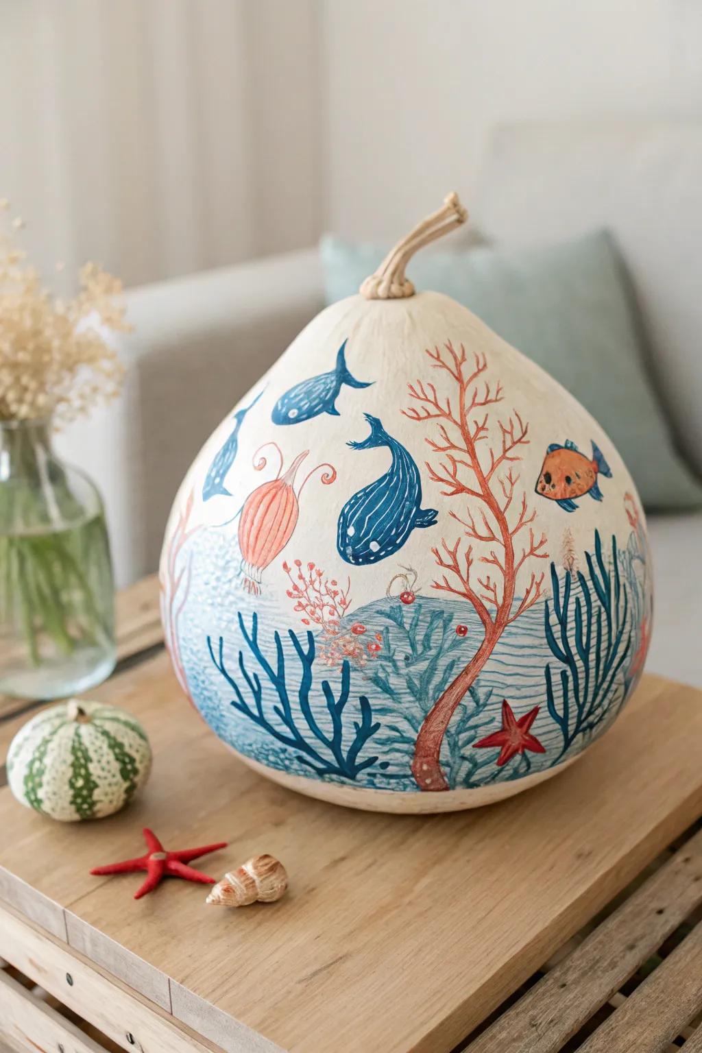 Bring the ocean's tranquility to your home with this exquisitely painted sea-themed gourd.