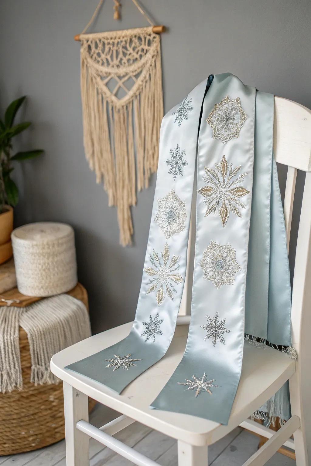 Embrace the beauty of winter with a snowflake-inspired graduation stole, a perfect blend of elegance and seasonal charm.