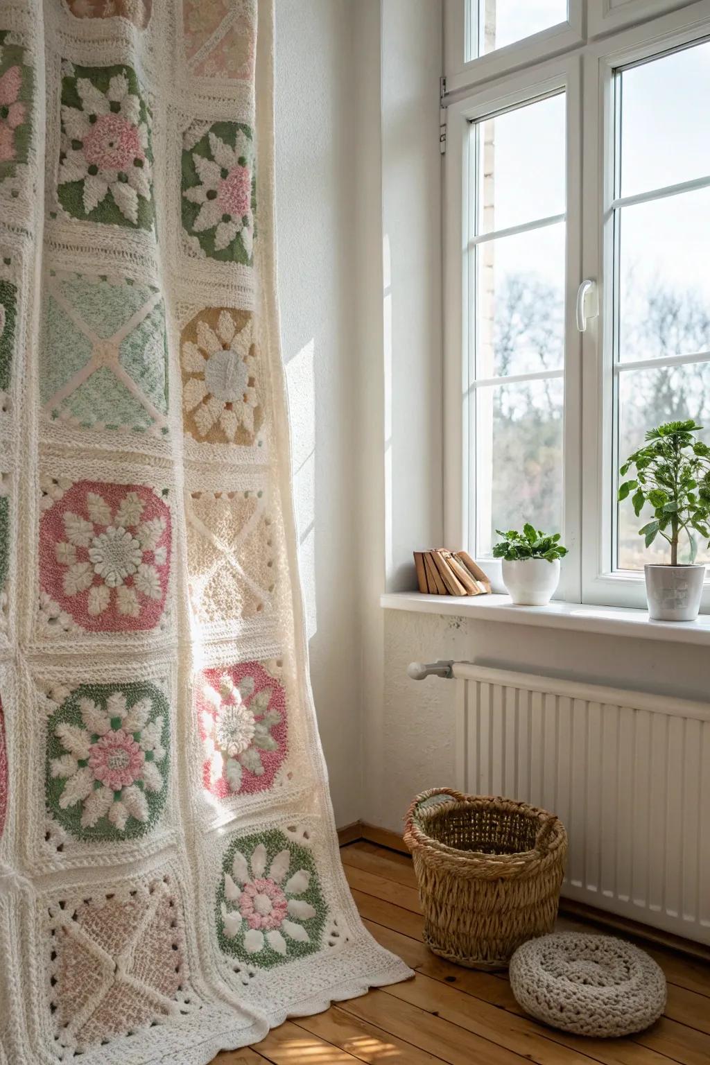 Add a touch of vintage charm with this elegant granny square curtain, perfect for filtering light in a minimalist space.