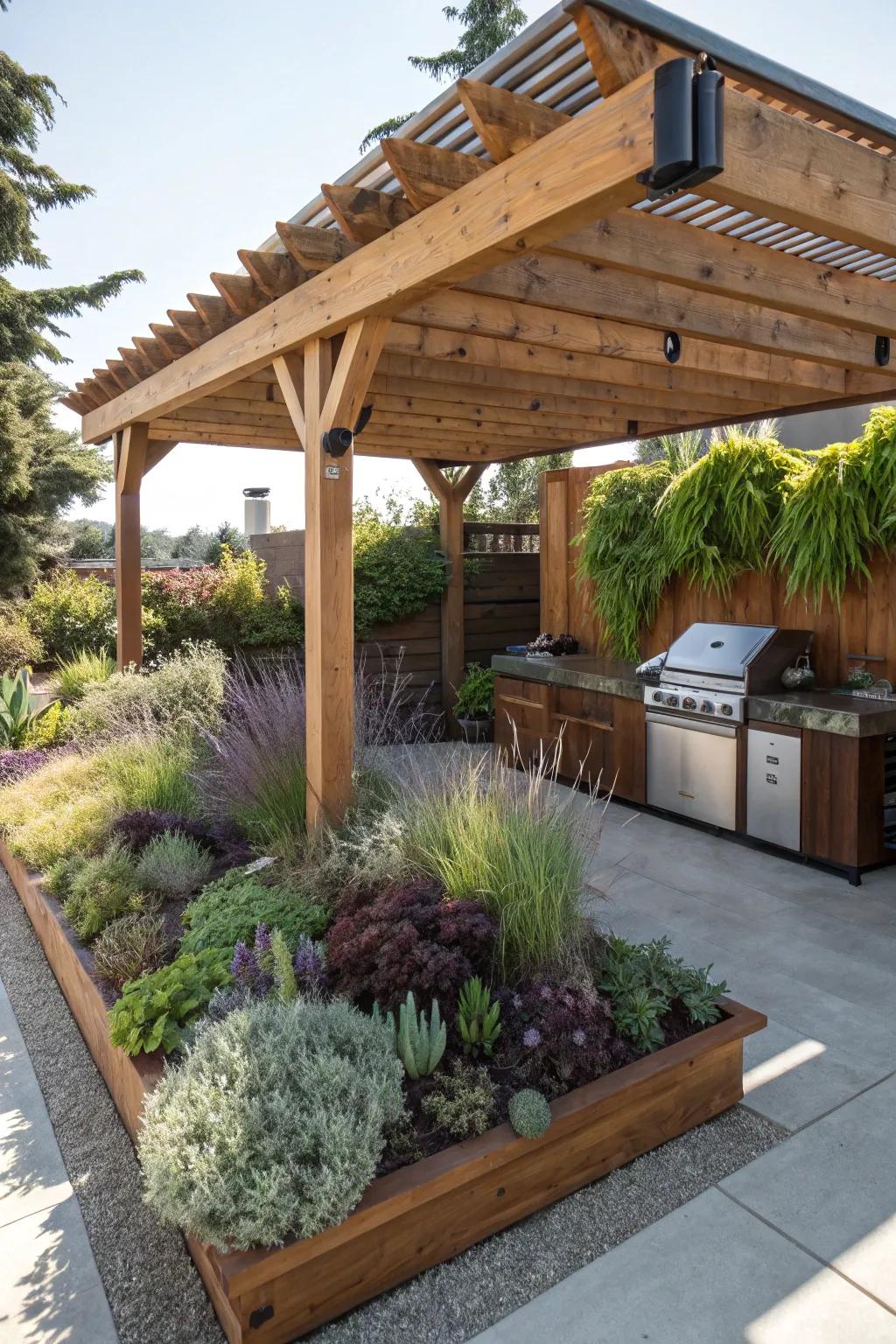 Transform your grilling space with a living roof pergola – where sustainability meets style.