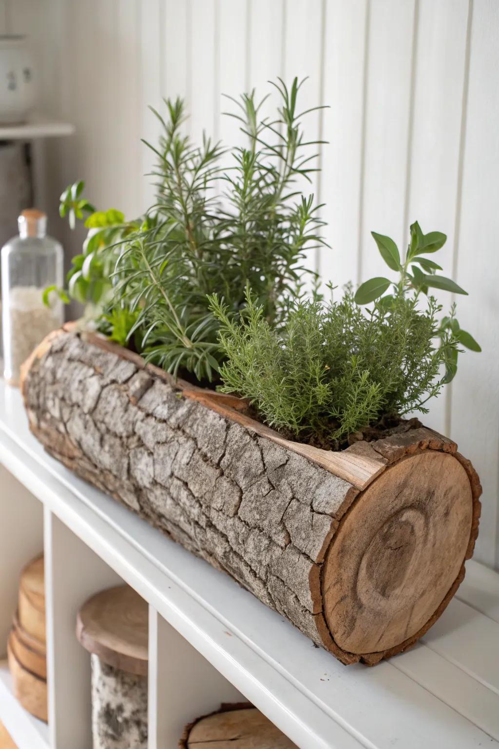 Embrace nature indoors: A hollow log herb planter for a touch of rustic elegance.