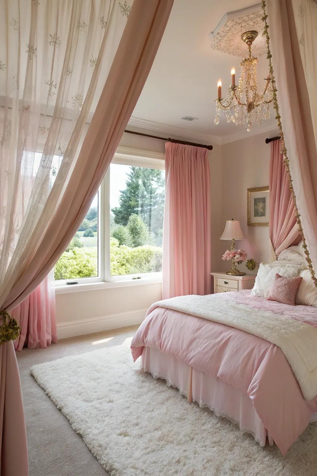 Pink drapes add elegance and soften the light in the room.